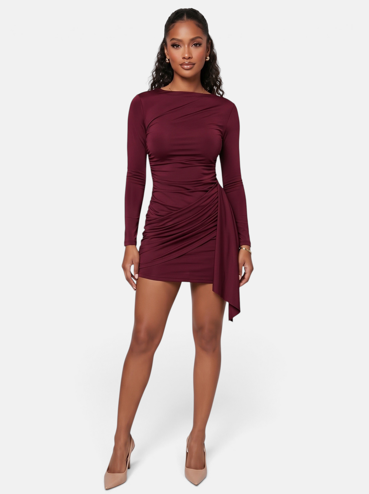 Women's Side-Ruched Wrap Long Sleeve Bodycon Mini Dress in Burgundy - Full Length View