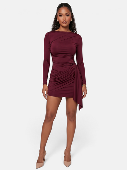 Women's Side-Ruched Wrap Long Sleeve Bodycon Mini Dress in Burgundy - Full Length View