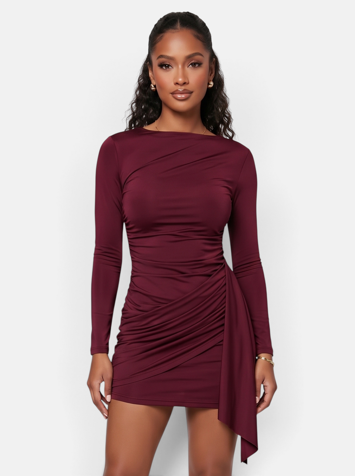 Women's Side-Ruched Wrap Long Sleeve Bodycon Mini Dress in Burgundy - Front View