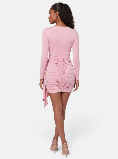 Women's Side-Ruched Wrap Long Sleeve Bodycon Mini Dress in Pink - Back View