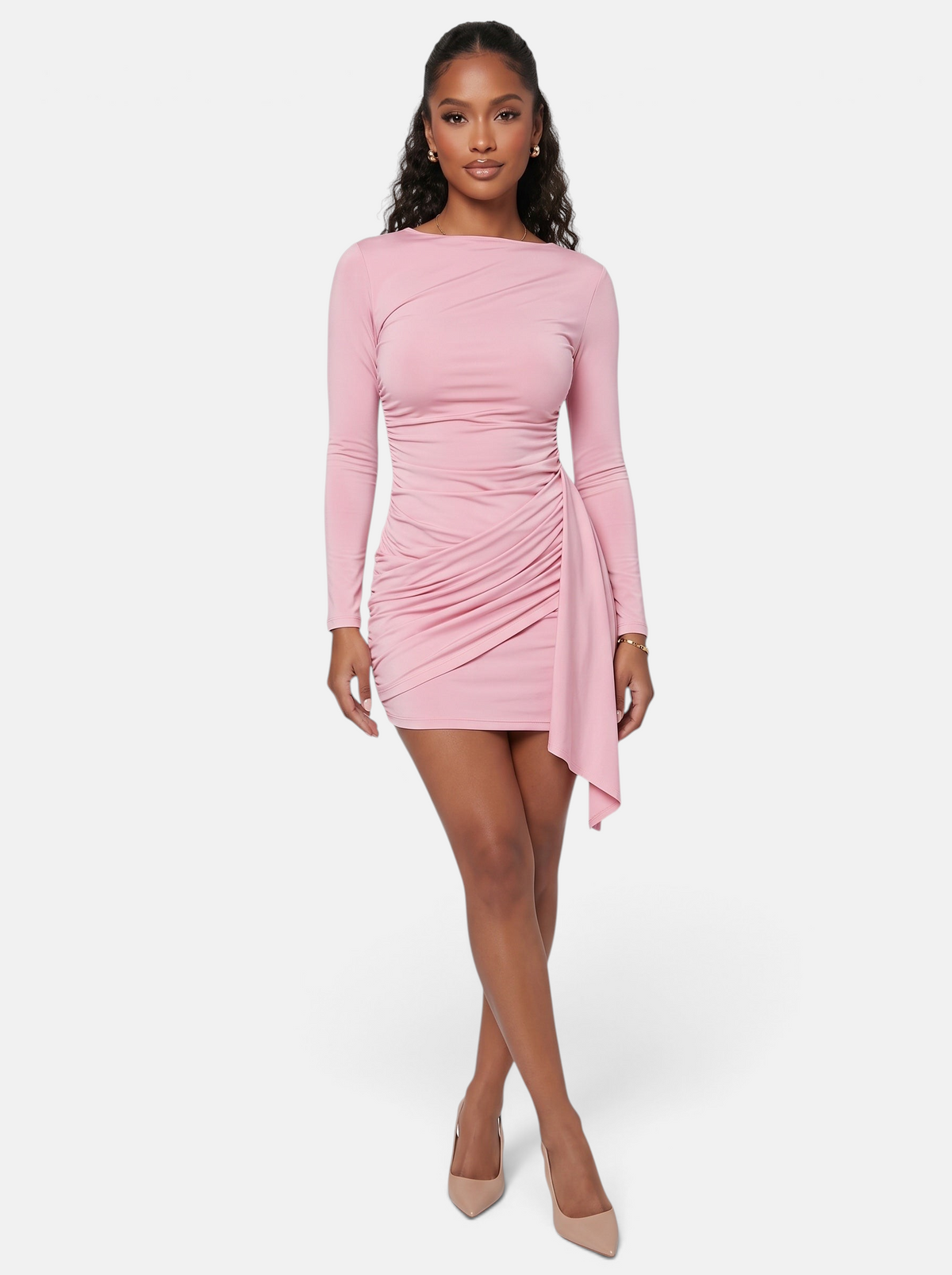 Women's Side-Ruched Wrap Long Sleeve Bodycon Mini Dress in Pink - Full Length View