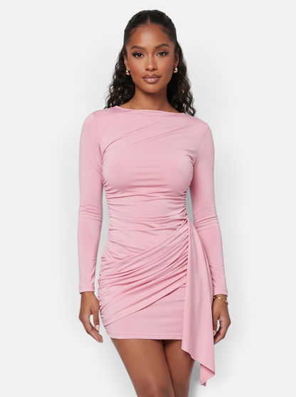 Women's Side-Ruched Wrap Long Sleeve Bodycon Mini Dress in Pink - Front View