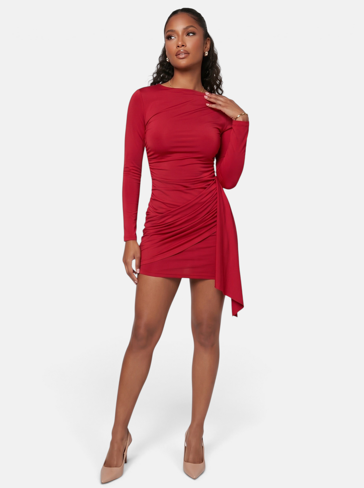 Women's Side-Ruched Wrap Long Sleeve Bodycon Mini Dress in Red - Full Length View