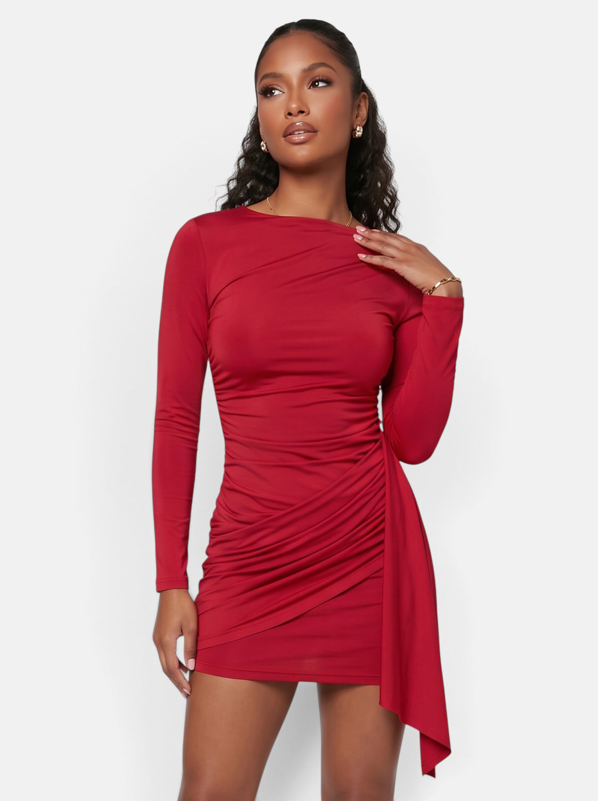 Women's Side-Ruched Wrap Long Sleeve Bodycon Mini Dress in Red - Front View