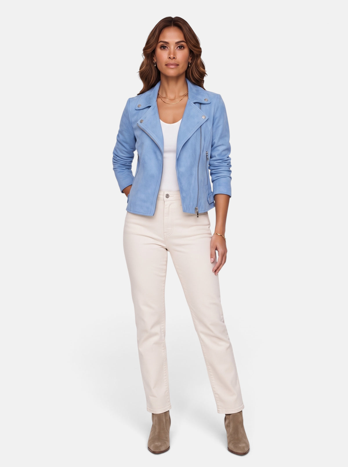 Women's Polished Cropped Zip-Up Slim Fit Jacket in Sky-Blue - Full Body