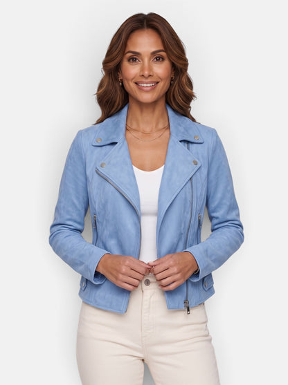 Women's Polished Cropped Zip-Up Slim Fit Jacket in Sky-Blue - Hero