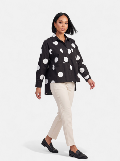 Womens Vintage Print Loose Blouse - Black - Full Body
