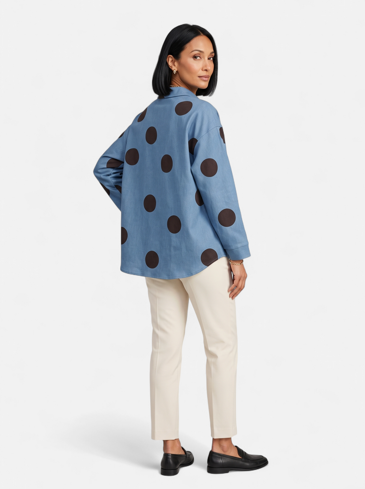 Womens Vintage Print Loose Blouse - Blue - Back
