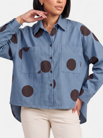 Womens Vintage Print Loose Blouse - Blue - Detail