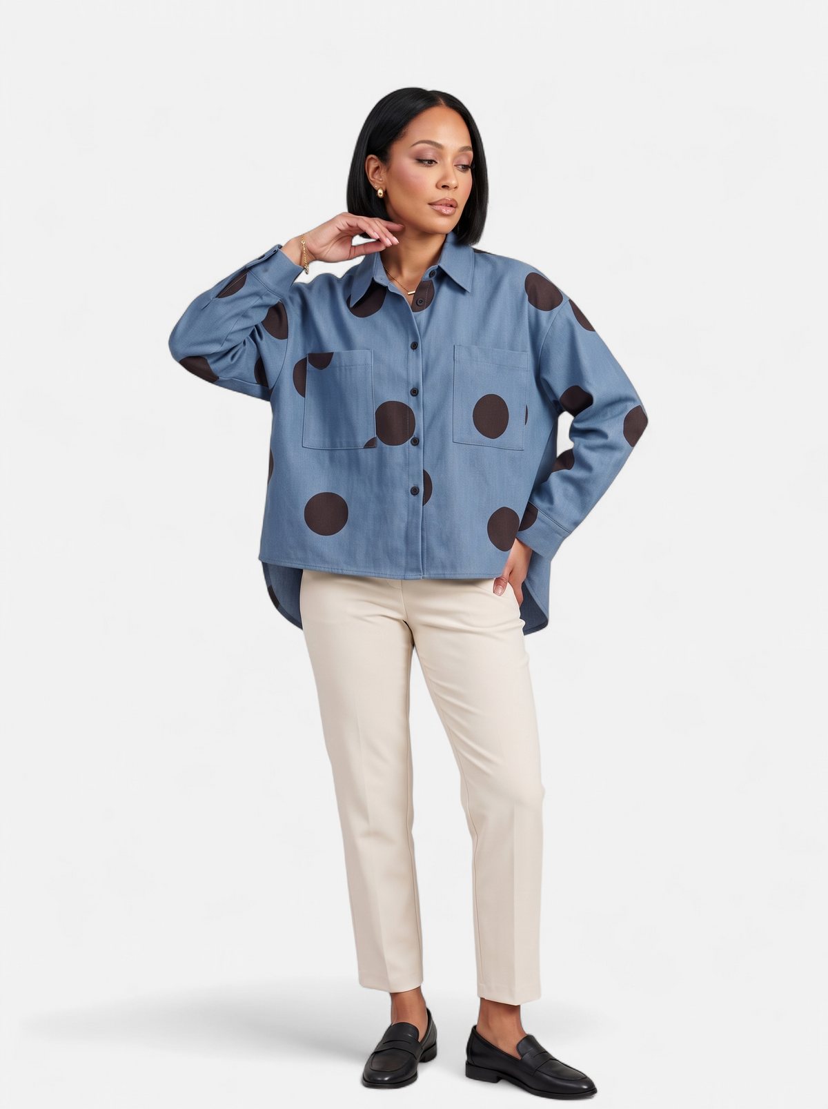 Womens Vintage Print Loose Blouse - Blue - Full Body