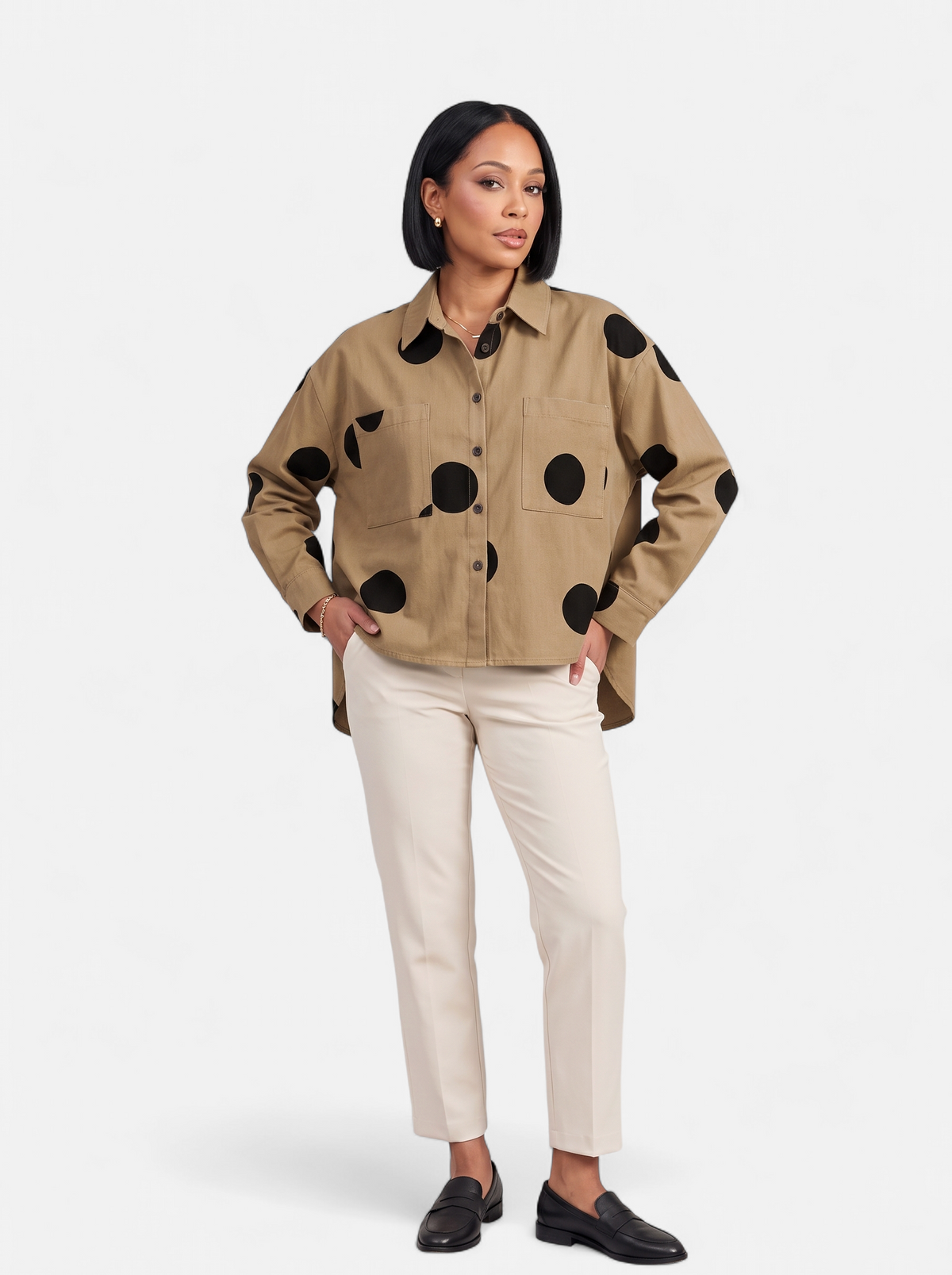 Womens Vintage Print Loose Blouse - Khaki - Full Body