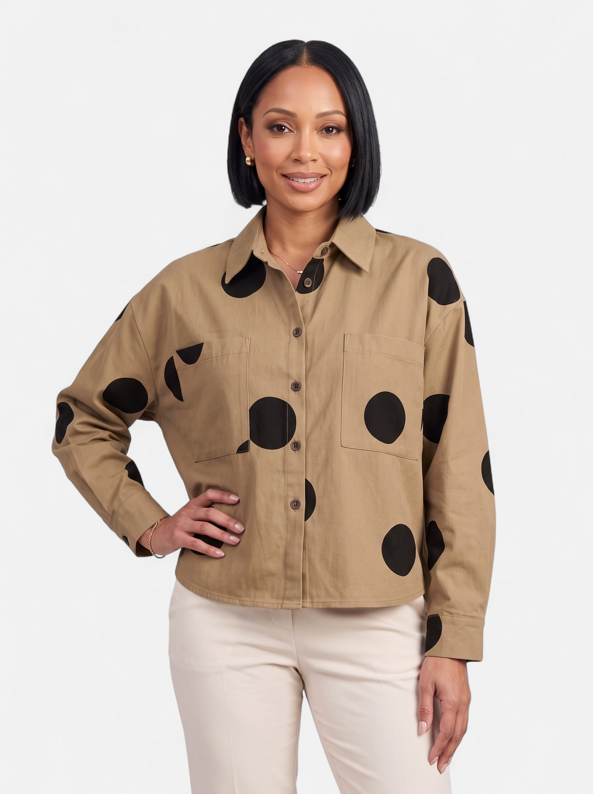 Womens Vintage Print Loose Blouse - Khaki - Hero