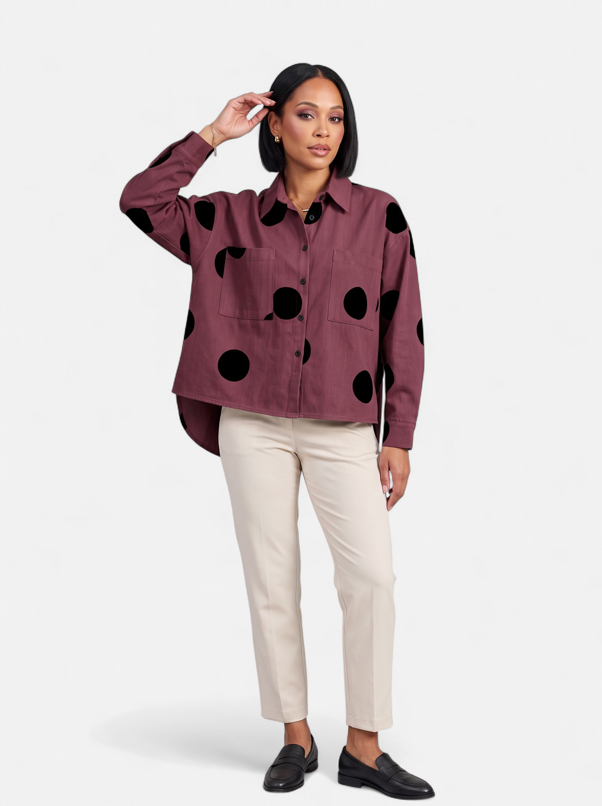 Womens Vintage Print Loose Blouse - Purple - Full Body