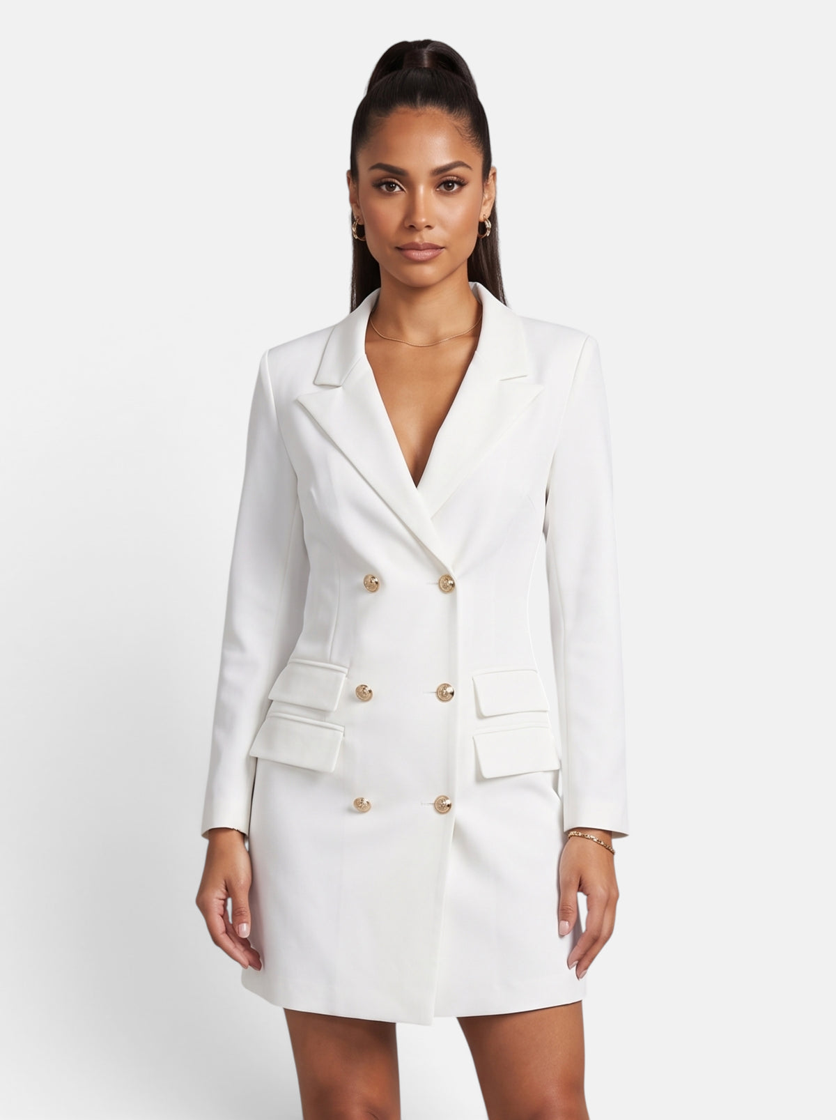Women's Tailored Double-Breasted Blazer Mini Dress in White - Hero