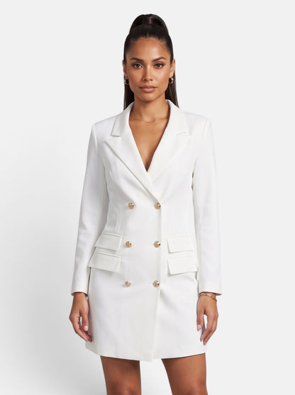 Women's Tailored Double-Breasted Blazer Mini Dress in White - Hero