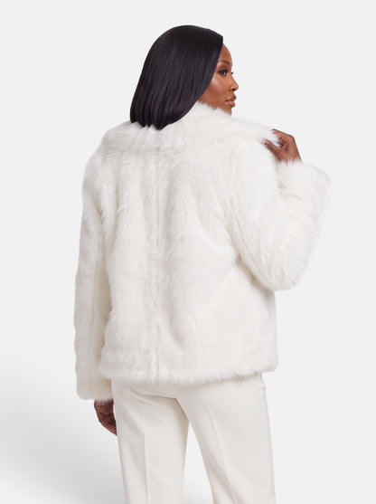 Women's Plush Cropped Faux Fur Party Coat in White - Back