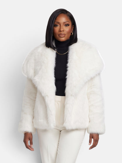 Women's Plush Cropped Faux Fur Party Coat in White - Front