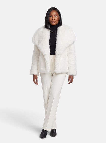 Women's Plush Cropped Faux Fur Party Coat in White - Full
