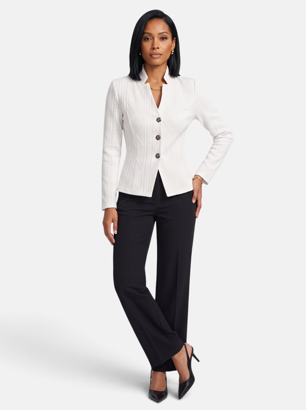 Women's White Polished Slim Fit Button-Up Stand Collar Blazer - Full Body