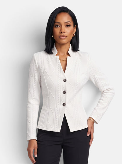 Women's White Polished Slim Fit Button-Up Stand Collar Blazer - Front