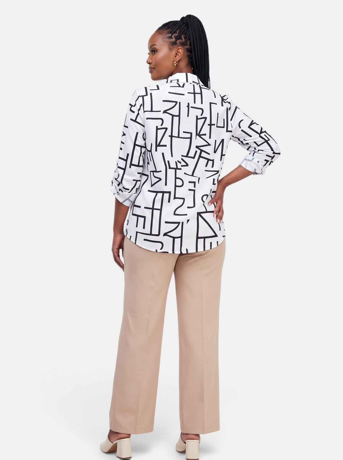 Women's Striped Long Sleeve Slim Fit Office Blouse in White - Back