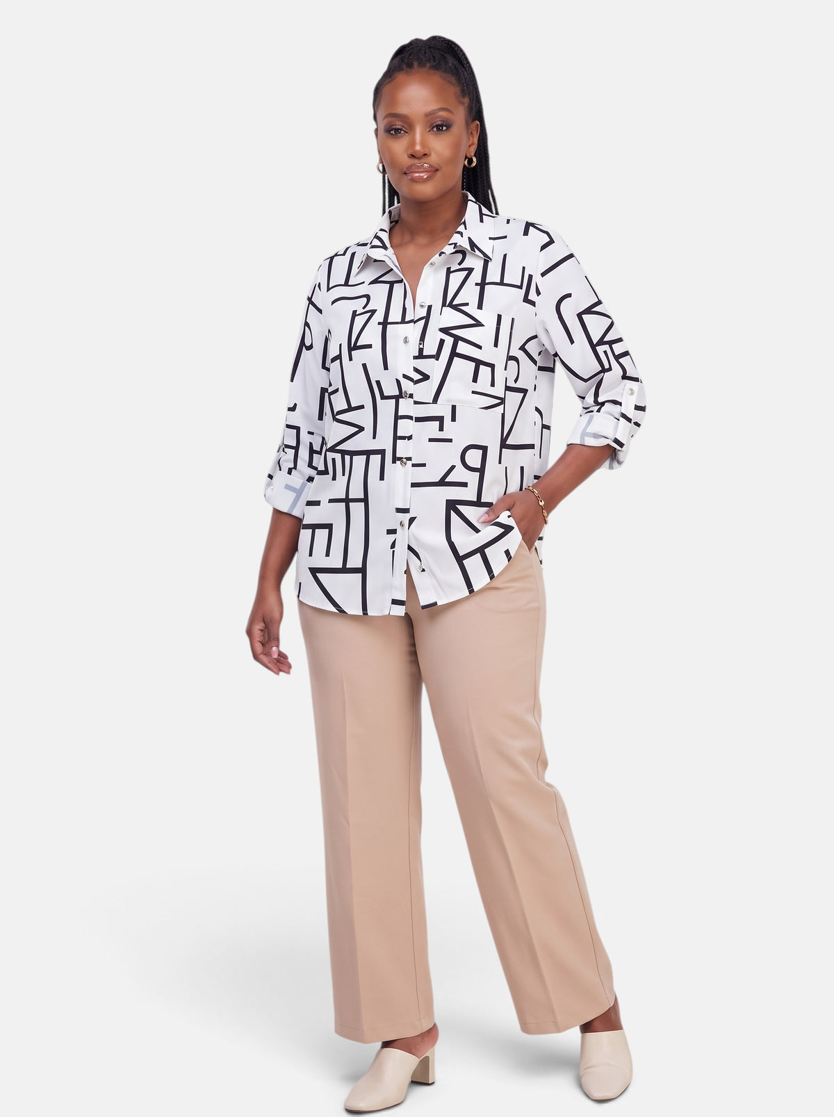 Women's Striped Long Sleeve Slim Fit Office Blouse in White - Full Body