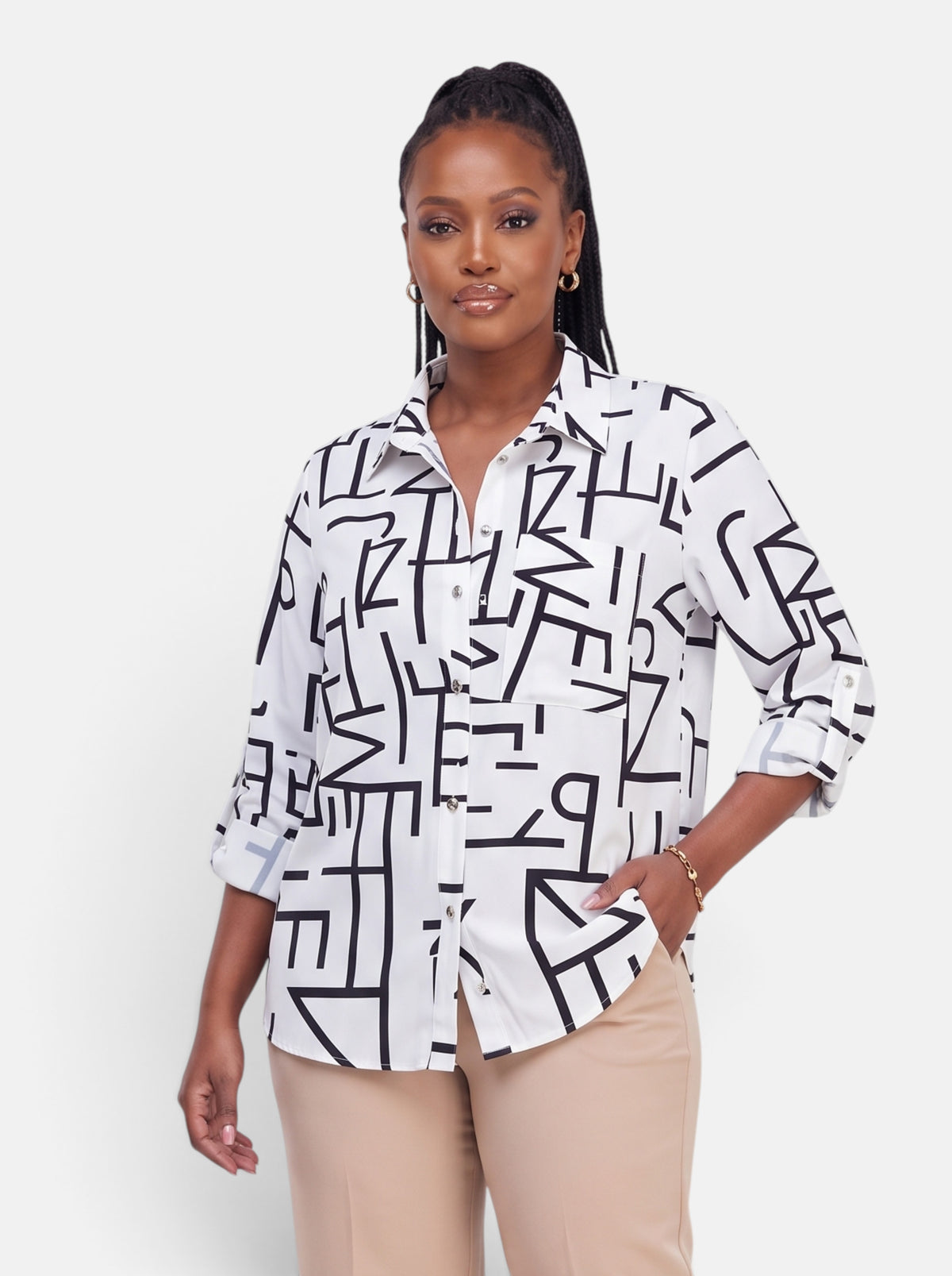 Women's Striped Long Sleeve Slim Fit Office Blouse in White - Hero